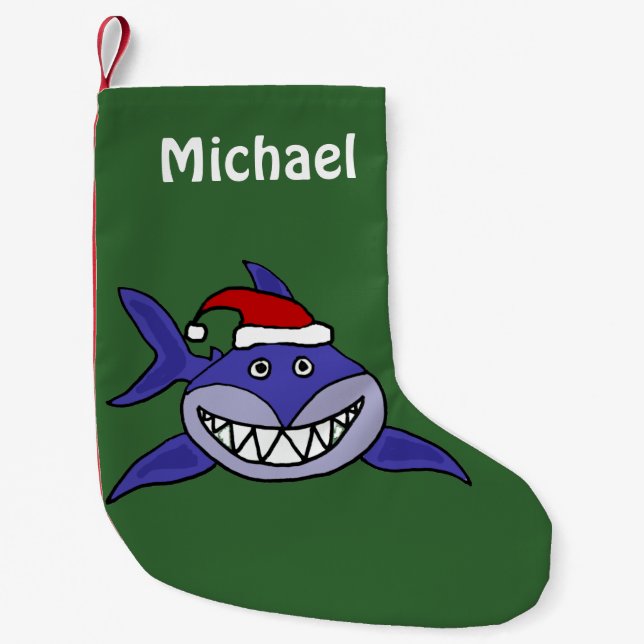 Funny Grinning Shark in Santa Hat Small Christmas Stocking (Front)
