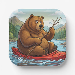 Funny Grizzly Bear in Kayak Cartoon Paper Plate