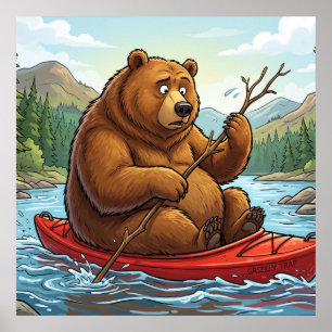 Funny Grizzly Bear in Kayak Cartoon Poster