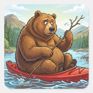 Funny Grizzly Bear in Kayak Cartoon Square Sticker