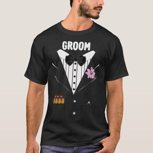 Funny Groom Tuxedo With Cigars and Ring For Bride T-Shirt (Front)