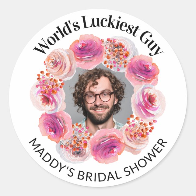 Funny Groom's Face Bachelorette Bright Floral Classic Round Sticker (Front)