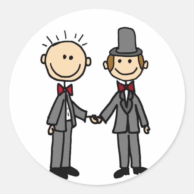 Funny Grooms Gay Marriage Cartoon Classic Round Sticker (Front)