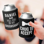 Funny Groomsman Wedding Bro Proposal Black Beer Can Cooler<br><div class="desc">𝙂𝙧𝙤𝙤𝙢𝙨𝙢𝙖𝙣 𝙋𝙧𝙤𝙥𝙤𝙨𝙖𝙡 𝘾𝙖𝙣 𝘾𝙤𝙤𝙡𝙚𝙧! The perfect way to "𝘱𝘳𝘰𝘱𝘰𝘴𝘦" to your guys. A 'BRO-POSAL, ' if you will. 😅 Each line of text on this can cooler template is editable within zazzle's easy to use personalisation tool. the front includes an upper text box for you to personalise with each name....</div>