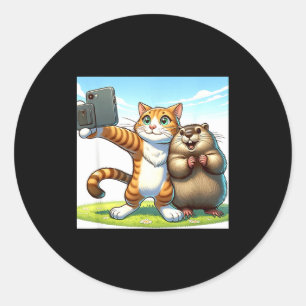 Funny Groundhog Day Cat Taking Selfie With Groundh Classic Round Sticker