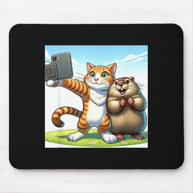 Funny Groundhog Day Cat Taking Selfie With Groundh Mouse Pad (Front)