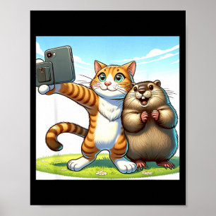 Funny Groundhog Day Cat Taking Selfie With Groundh Poster