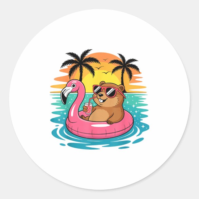 Funny Groundhog Hawaiian Flamingo Float Beach Summ Classic Round Sticker (Front)