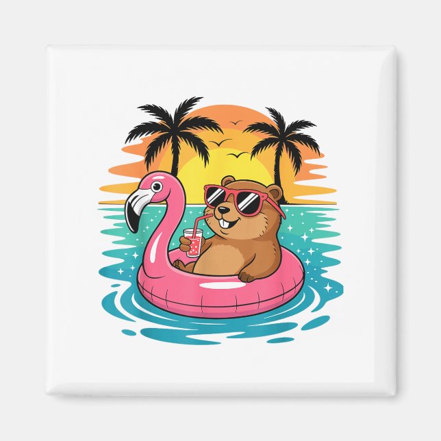 Funny Groundhog Hawaiian Flamingo Float Beach Summ Magnet (Front)