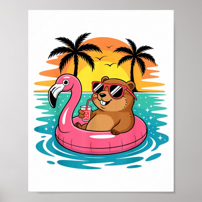 Funny Groundhog Hawaiian Flamingo Float Beach Summ Poster (Front)