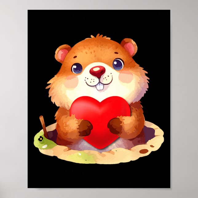 Funny Groundhog Hugging Heart Valentines Day Anima Poster (Front)