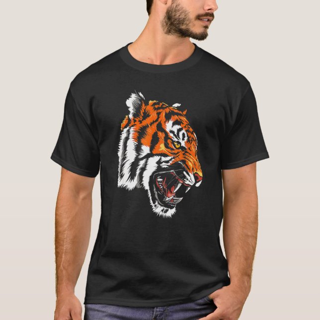 Funny Growling Mouth Open Bengal Tiger T-Shirt (Front)