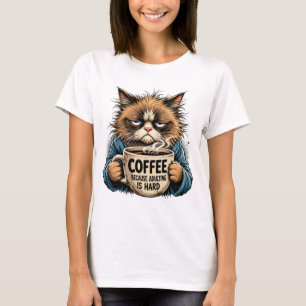Funny Grumpy Cat Coffee Because Adulting Is Hard T-Shirt