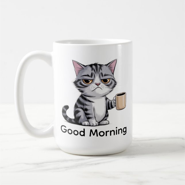 Funny Grumpy Cat Coffee Mug – “Good Morning” Cute  (Left)