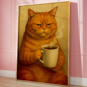 Funny Grumpy Cat Coffee Poster Vintage Oil Art