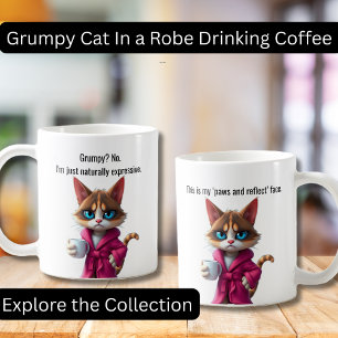 Funny Grumpy cat in a Robe and Coffee Calico Cat Mug