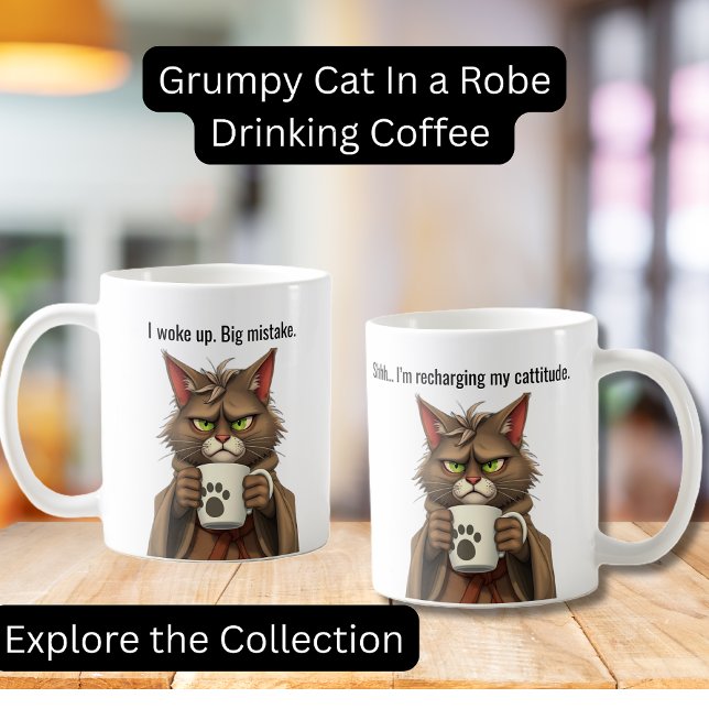 Funny Grumpy cat in a Robe and Coffee Cat Coffee Mug (Funny Grumpy Cat in a Robe with Coffee.  Perfect gifts, Cat lovers, Coffee Lovers)