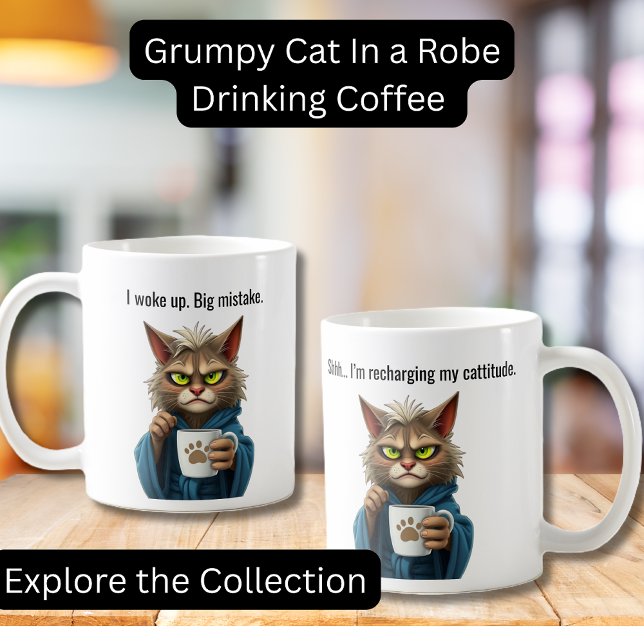 Funny Grumpy Cat in a Robe and Coffee Cat Mug (Funny Grumpy Cat in a Robe with Coffee.  Perfect gifts, Cat lovers, Coffee Lovers)