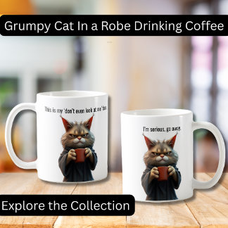 Funny Grumpy cat in a Robe and Coffee Mug