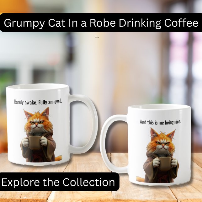 Funny Grumpy cat in a Robe and Coffee Orange Cat Mug (Funny Grumpy Cat in a Robe with Coffee.  Perfect gifts, Cat lovers, Coffee Lovers)