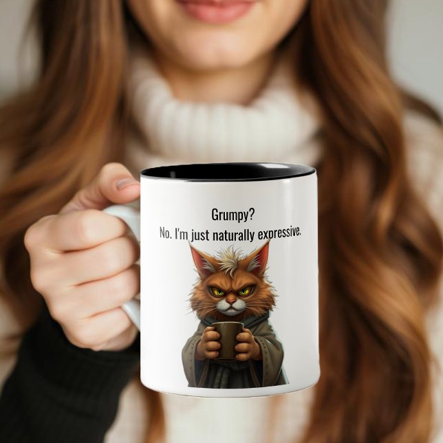 Funny Grumpy cat in a Robe and Coffee Two-Tone Coffee Mug (Funny Cat Mug-Grumpy cat-Cat in a Robe and Coffee-Orange Cat Coffee Mug )