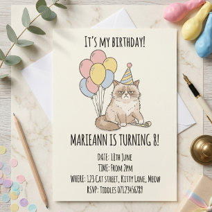 Funny Grumpy Cat Pastel Balloons Birthday Party Invitation