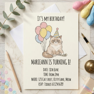 Funny Grumpy Cat Pastel Balloons Birthday Party Invitation