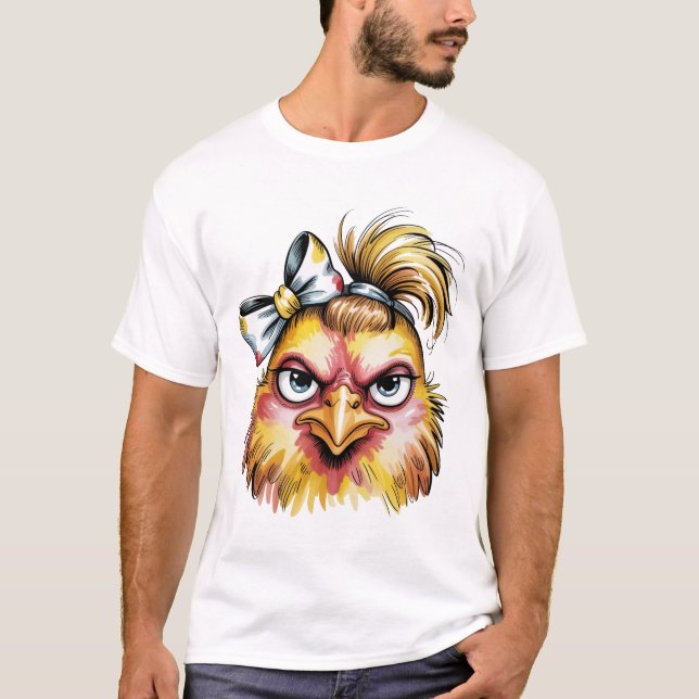 Funny Grumpy Chicken Floral Bow T-Shirt (Front)