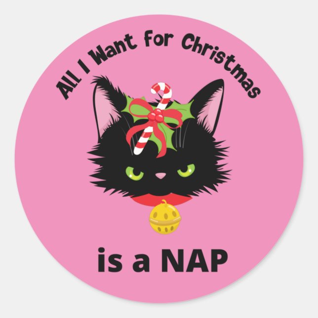 Funny Grumpy Christmas Cat Classic Round Sticker (Front)