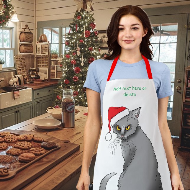 Funny Grumpy Christmas Grey Cat Holiday Humour Apron (Creator Uploaded)