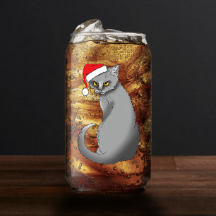 Funny Grumpy Christmas Grey Cat Holiday Humour Can Glass