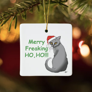 Funny Grumpy Christmas Grey Cat Holiday Humour Ceramic Ornament