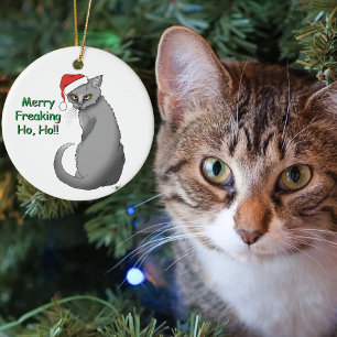 Funny Grumpy Christmas Grey Cat Holiday Humour Ceramic Ornament