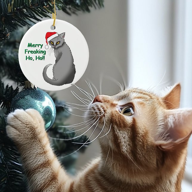 Funny Grumpy Christmas Grey Cat Holiday Humour Ceramic Ornament (Creator Uploaded)