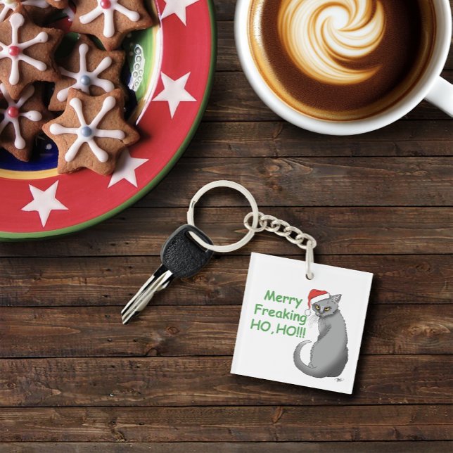 Funny Grumpy Christmas Grey Cat Holiday Humour Key Ring (Creator Uploaded)