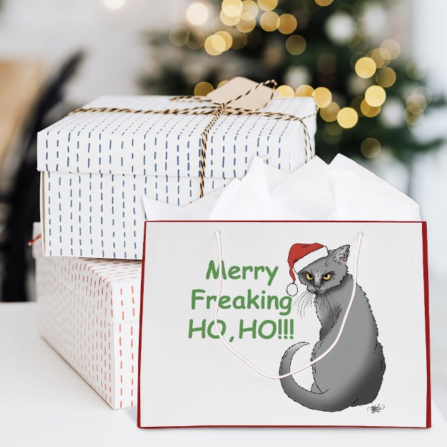 Funny Grumpy Christmas Grey Cat Holiday Humour Large Gift Bag (Creator Uploaded)