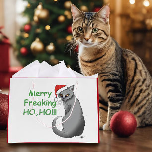 Funny Grumpy Christmas Grey Cat Holiday Humour Large Gift Bag