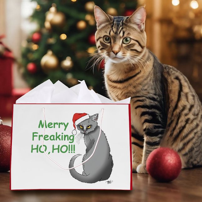 Funny Grumpy Christmas Grey Cat Holiday Humour Large Gift Bag (Creator Uploaded)