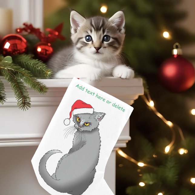Funny Grumpy Christmas Grey Cat Holiday Humour Small Christmas Stocking (Creator Uploaded)