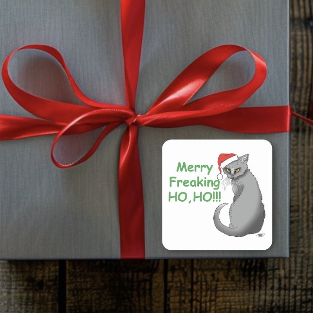 Funny Grumpy Christmas Grey Cat Holiday Humour Square Sticker (Creator Uploaded)