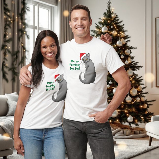 Funny Grumpy Christmas Grey Cat Holiday Humour T-Shirt (Creator Uploaded)