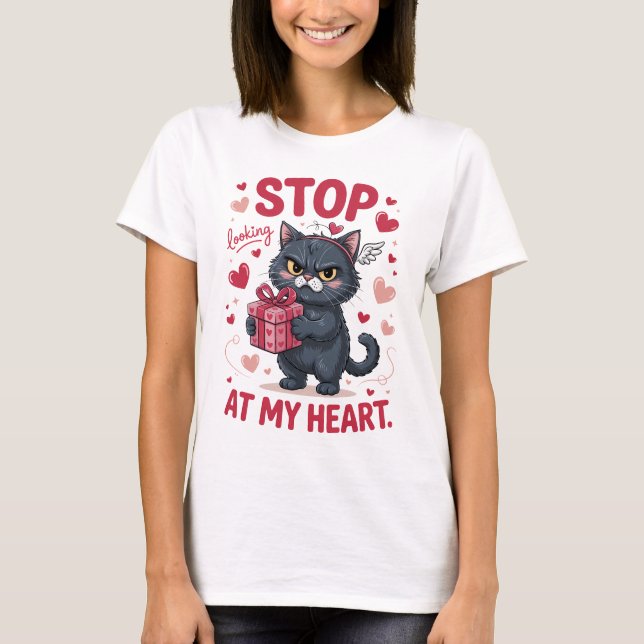 Funny Grumpy Cupid Black Cat Valentine Heart T-Shirt (Front)