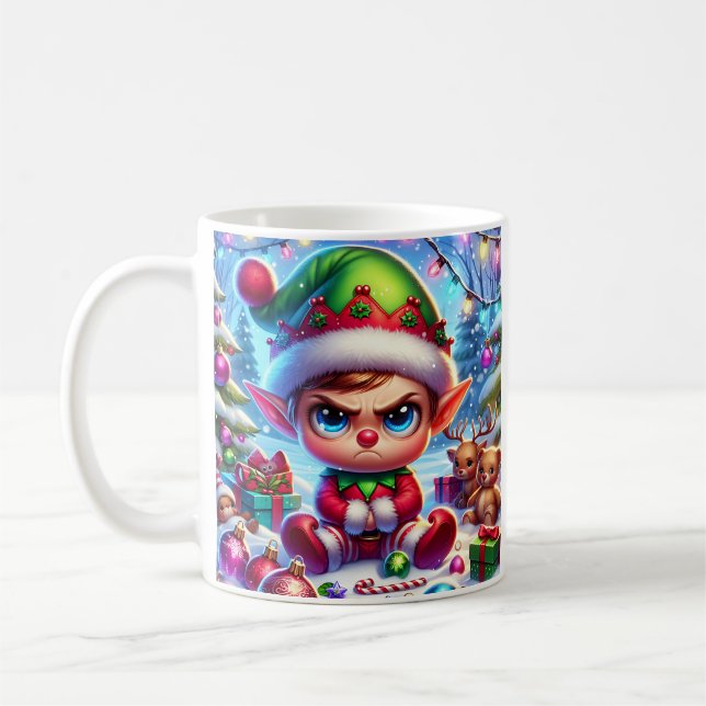 Funny Grumpy Elf Christmas Coffee Mug (Left)