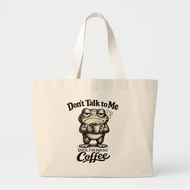 Funny Grumpy Frog Drinking Coffee Large Tote Bag (Front)