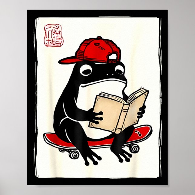 Funny grumpy frog skateboard funny japanese poster (Front)