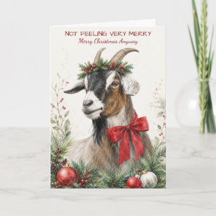 Funny Grumpy Goat Christmas Watercolor Holiday Card