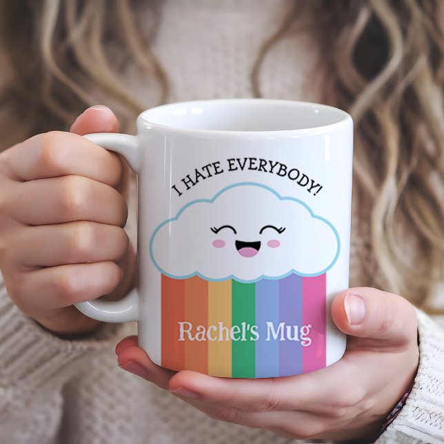 Funny Grumpy Kawaii Cloud and Rainbows Coffee Mug (Perfect mug for those days when caffeine is the only thing keeping you from snapping!)