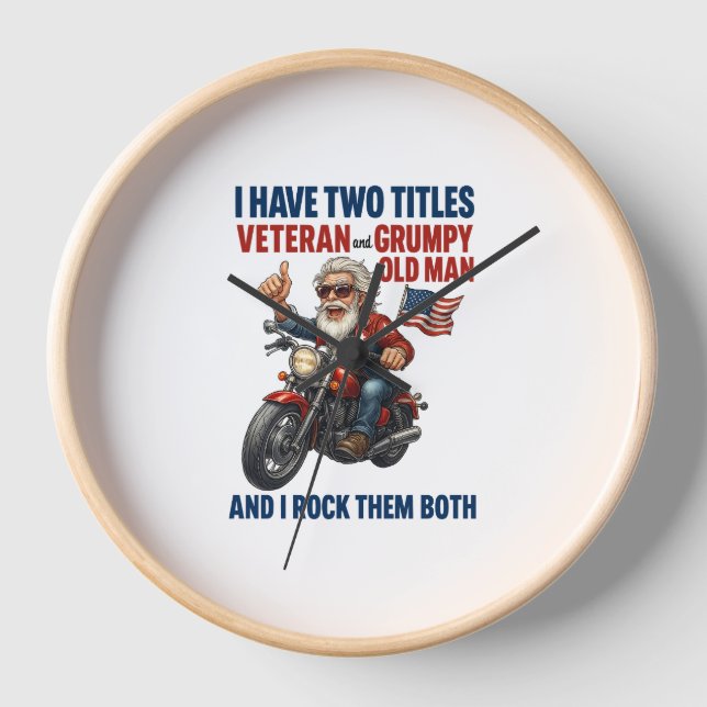 Funny Grumpy Old Man Veteran Motorcycle Clock (Front)