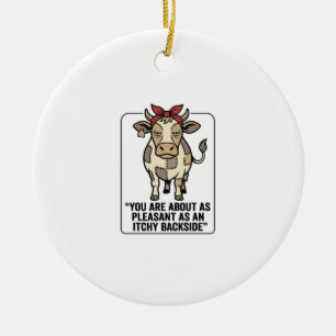 Funny Grumpy Patchwork Cow Vintage T-Shirt Design_ Ceramic Ornament