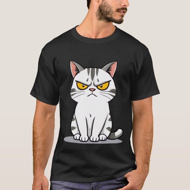 Funny Grumpy White Tabby Cat Staring  ✨🐾😠 T-Shirt (Front)